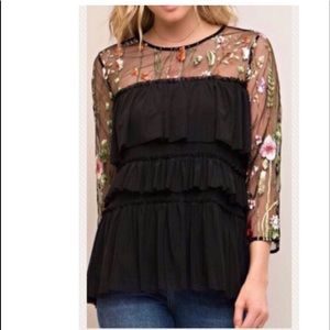 ENTRO Long Sleeve Tiered Embroidered Top